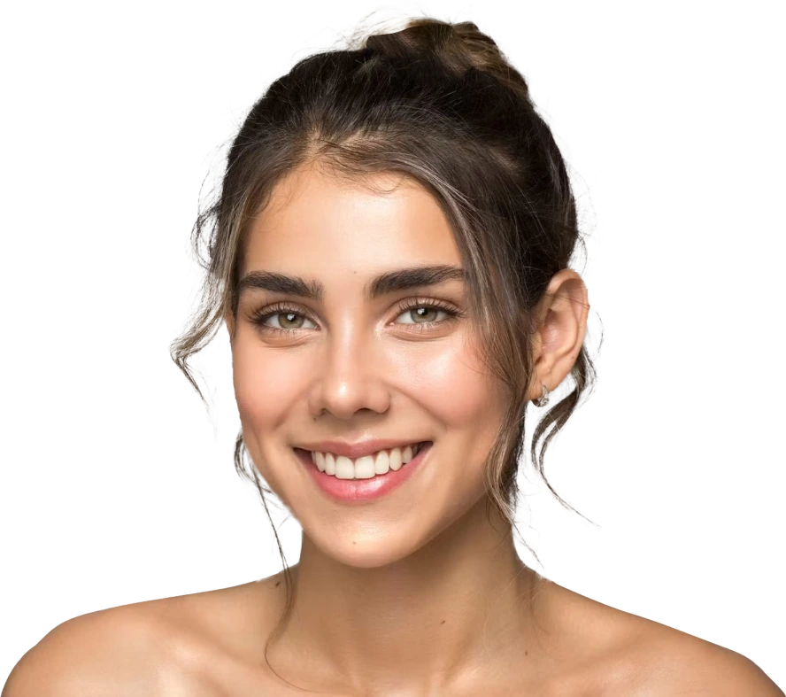 Woman with clear skin and a bright smile against a white background